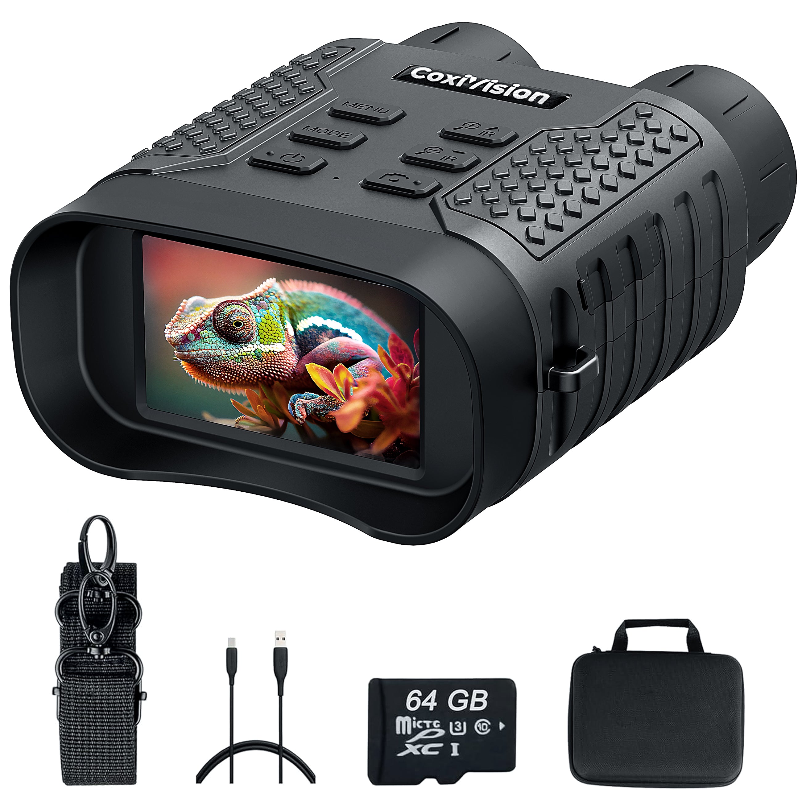 CoxiVision 4K Night Vision Goggles - 3.1'' HD Screen, 5X Digital Zoom, 7-Level IR Illuminator Binoculars with 64GB Memory Card and Detachable 4400mAh Battery - Day and Night Photo and Video Recording