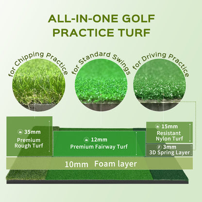 CoxiVision Golf Mat - 5x4ft Premium 3-in-1 Putting Mats Practice Outdoor/Indoor,Thicken Hitting Mat with 3MM Spring Layer,9 Balls,9 Tee in Backyard, Garage